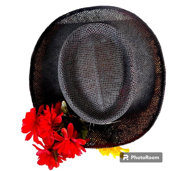 VTG The Scala Collection Black Straw Weave Hat Flower Embellishments Cru… - Picture 8 of 12